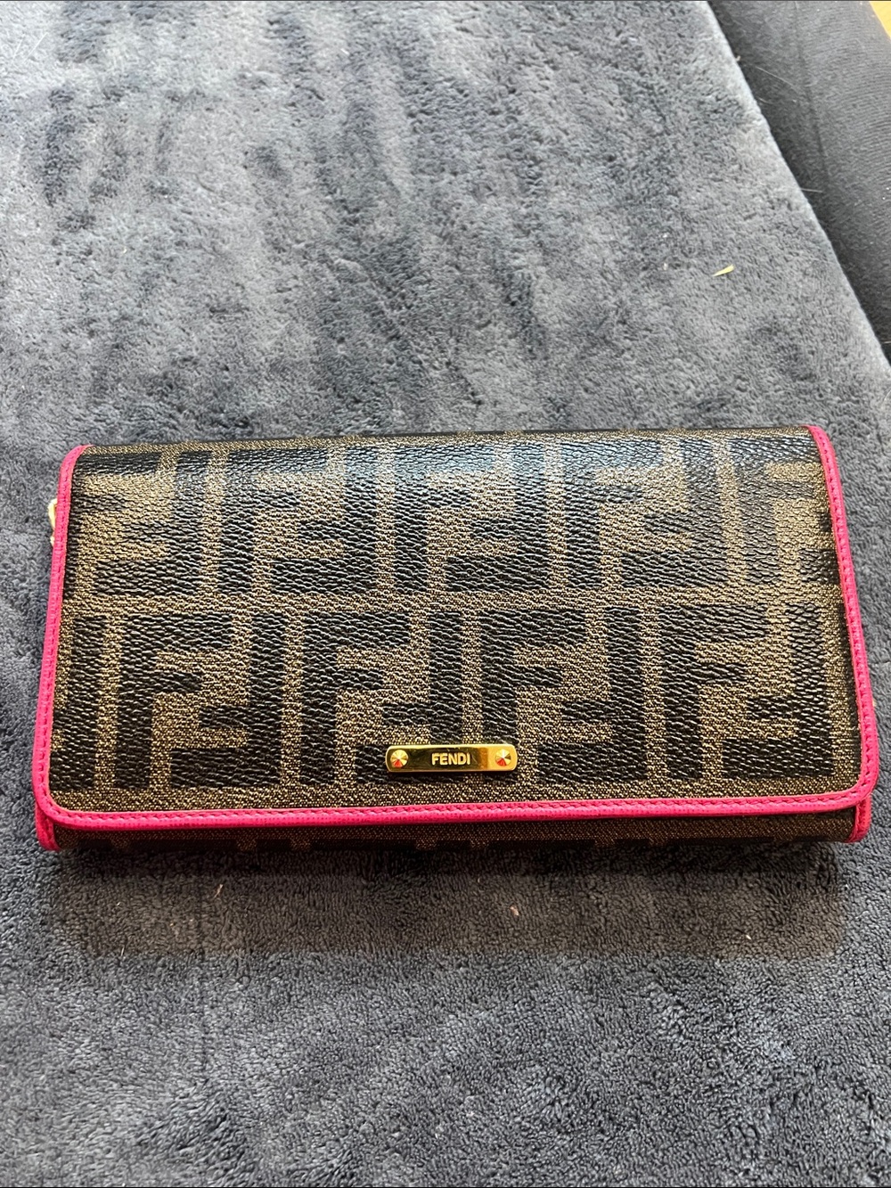 Fendi Brown FF Logo Continental Wallet with Pink Trim and Gold Plaque